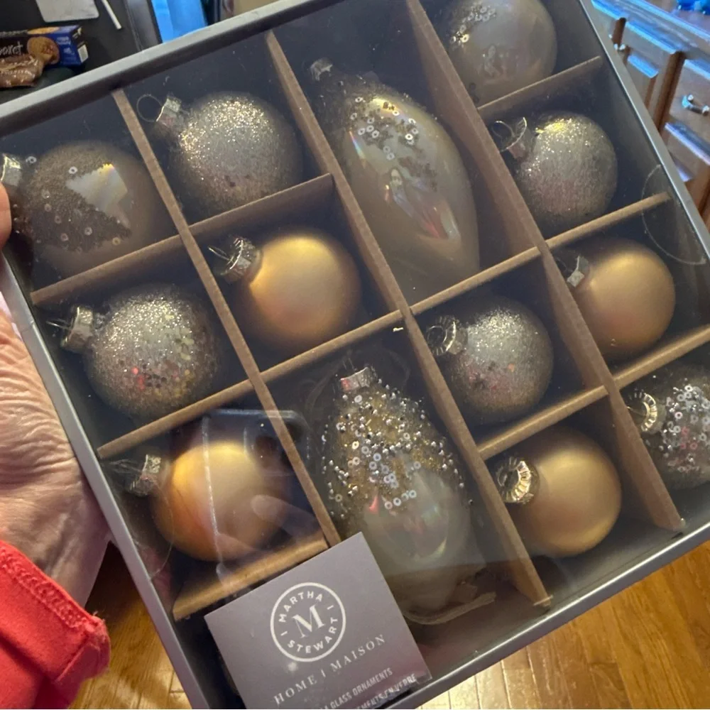 Martha Stewart Set of 14 Gold and Silver Glass Holiday Ornaments NIB